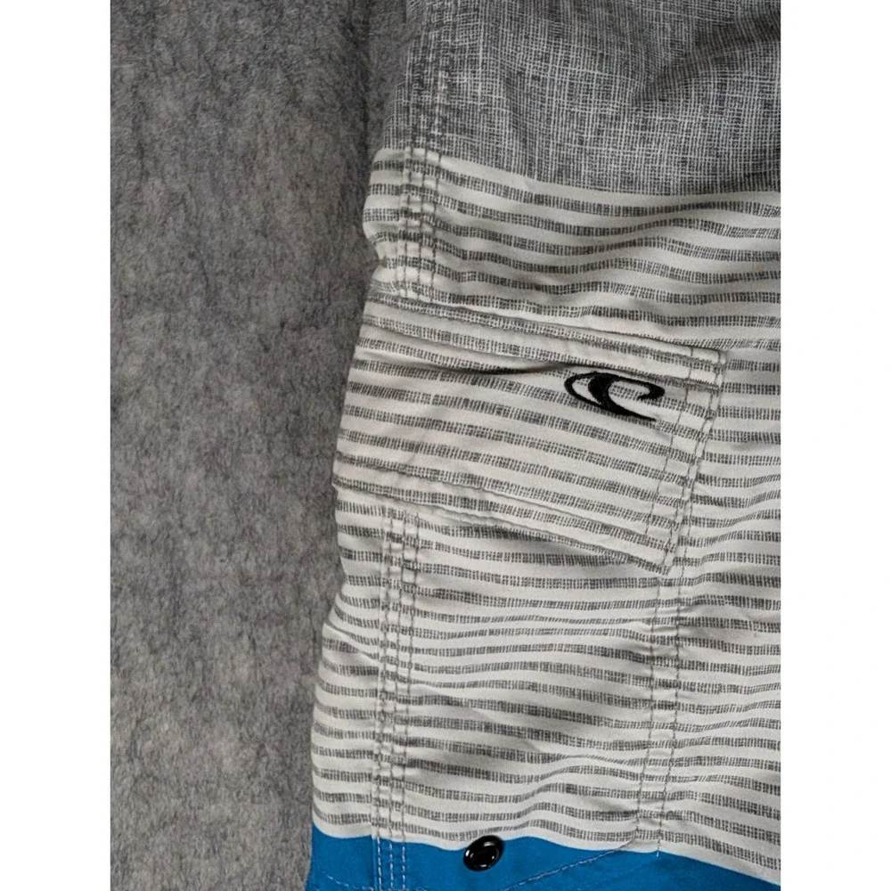 O'Neill Mens Board Shorts Grey Blue Striped Colorblock Swim Trunks Side Pocket